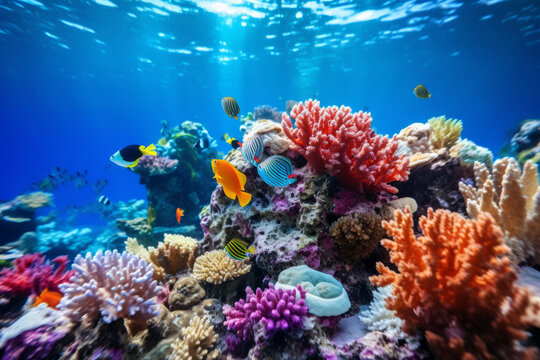 A colorful coral reef with many different types of corals