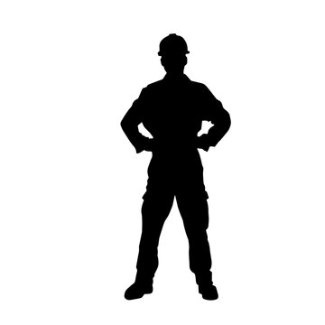 recommend clip art: Silhouette of man in construction worker costume. Silhouette of construction worker male in pose. 
