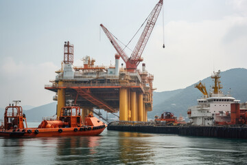 Obraz premium Aerial view of Offshore oil and gas rig construction station platform on the sea. Industry searching for fuel and energy, extract process petroleum and natural gas at ocean beneath seabed.