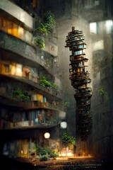 people surviving in an underground world thriving society underground city future extremely detailed landscapes figures of people and crafts a beautiful metal spiral staircase around the tall stalk 