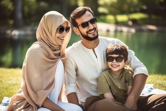 Happy Arab family sitting on grass in front of lake, wearing sunglasses and spending time outside with son.