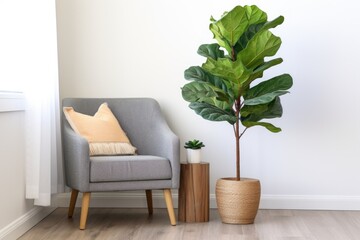 a fiddle leaf fig tree standing next to a contemporary chair - obrazy, fototapety, plakaty