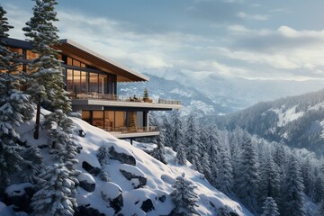 Winterous hilltop abode amidst snowy mountain expanse. Generative AI