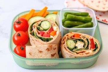 wholemeal wrap cut in halves placed inside kids lunchbox