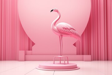 Empty pink podium with megaphone, inflatable flamingo, geometric pedestal, promoting news, modern scene. Generative AI