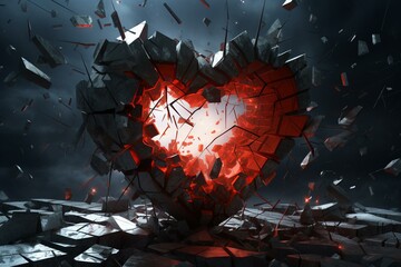 Conceptual artwork depicting a heart that is shattered into pieces. Generative AI