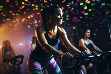Fototapeta na wymiar Group of attractive young women riding on the spinning bike at cycling class at gym.