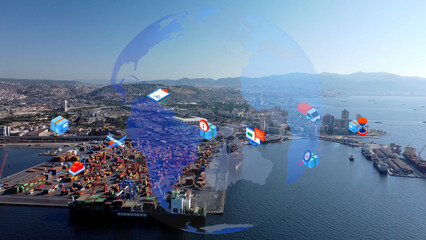 Logistic business or transport concept Aerial view over import export port with many stacks of cargo container rows. High quality photo