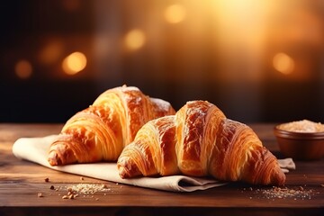 Homemade croissants on a wooden tabletop on a blurred background, bakery concept. - obrazy, fototapety, plakaty