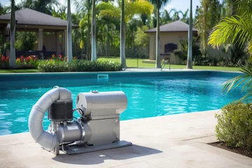 Fotobehang pool pump system beside a clean, inviting pool © altitudevisual