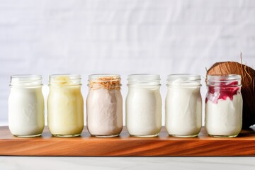 a row of different flavors of coconut yogurt in small glass jars