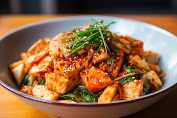 Fototapeta premium kimchi mixed with sliced tofu in a salad