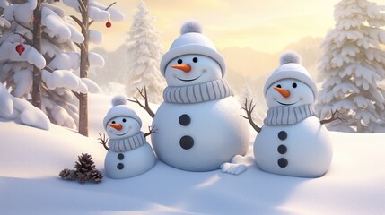 Obraz premium Create a heartwarming scene with a family of three snowmen, each with a unique personality. 