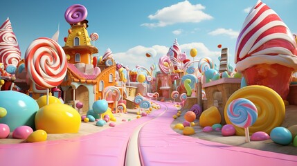 Beautiful fairy tale city in form candy in pastel colors. AI generated image - obrazy, fototapety, plakaty