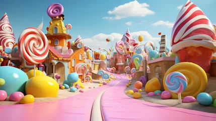 Fotobehang Beautiful fairy tale city in form candy in pastel colors. AI generated image © prastiwi