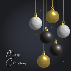 Square Christmas card with gold balls and sequins. Realistic sparkling balls hanging. Merry Christmas calligraphic inscription. Corporate Christmas card. Black gradient background. Golden xmas balls.