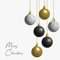 Realistic gold, silver, black Christmas balls isolated on white background. Corporate Christmas card with wishes. 3D sparkling balls. Elegant poster with Merry Christmas greetings.