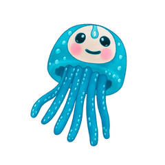 Watercolor drawing depicting a cartoon jellyfish on an isolated background. Cute childish illustration for clothes, packaging, gifts, cards, posters.