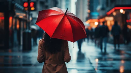 Fotobehang A Woman is holding a red umbrella and walking on a city street. Rainy weather. Bokeh background with pedestrians and city lights. © ekim