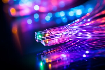 close-up of glowing optical fiber cable. Generative AI - obrazy, fototapety, plakaty