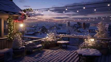Snow decorates the rooftop of a virtual home, adding to its digital charm. 