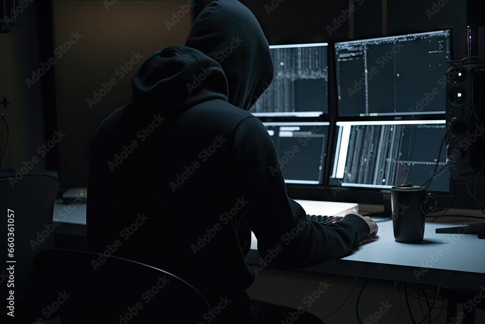 Poster digital shadows. unmasking hacker in hoodie. cyber intrusion. face behind screen. hooded hackers. un