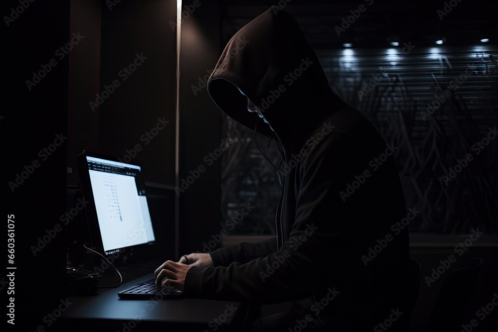 Poster digital shadows. unmasking hacker in hoodie. cyber intrusion. face behind screen. hooded hackers. un