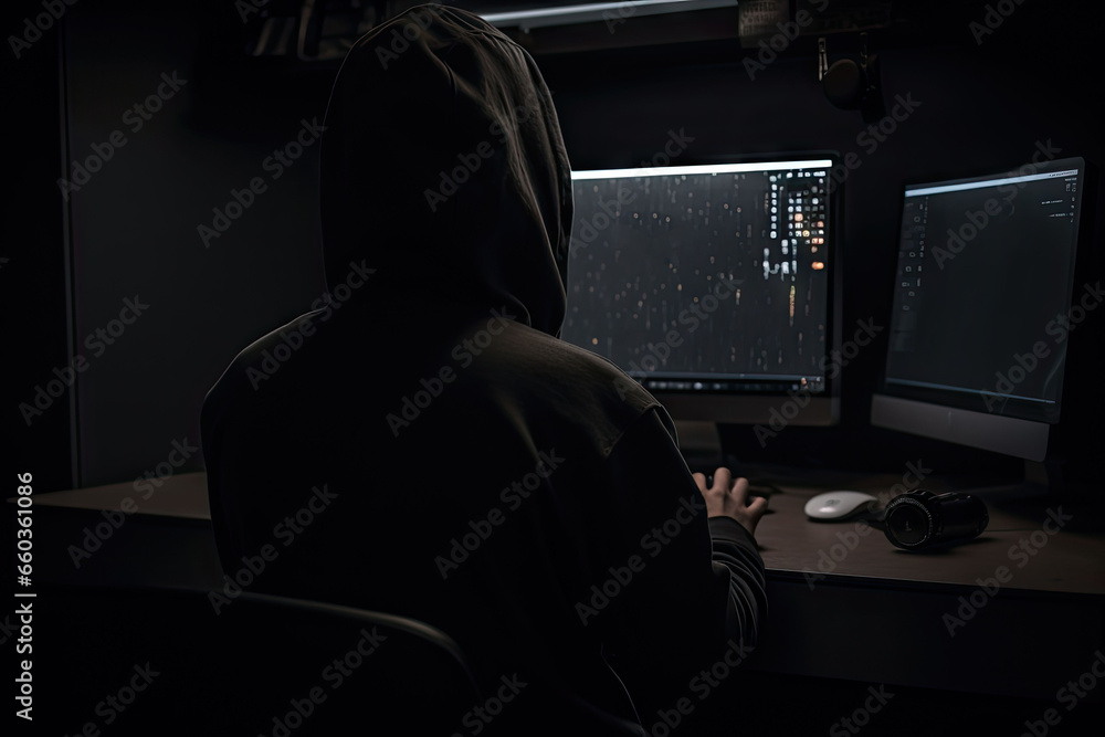 Poster digital shadows. unmasking hacker in hoodie. cyber intrusion. face behind screen. hooded hackers. un