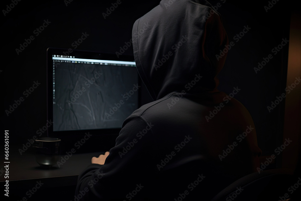 Poster digital shadows. unmasking hacker in hoodie. cyber intrusion. face behind screen. hooded hackers. un