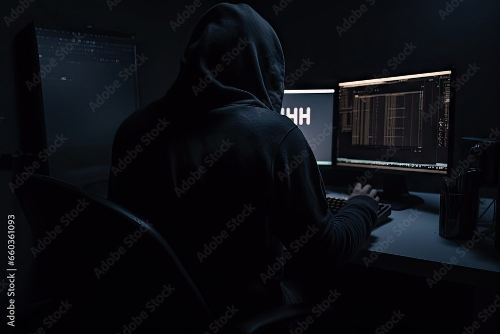 Poster digital shadows. unmasking hacker in hoodie. cyber intrusion. face behind screen. hooded hackers. un