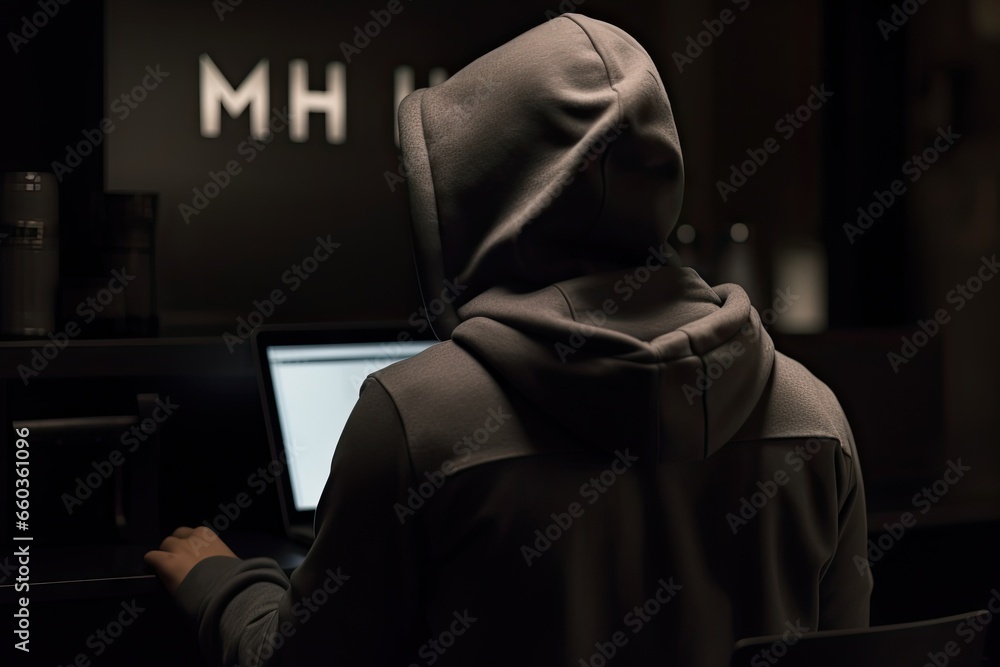 Poster digital shadows. unmasking hacker in hoodie. cyber intrusion. face behind screen. hooded hackers. un