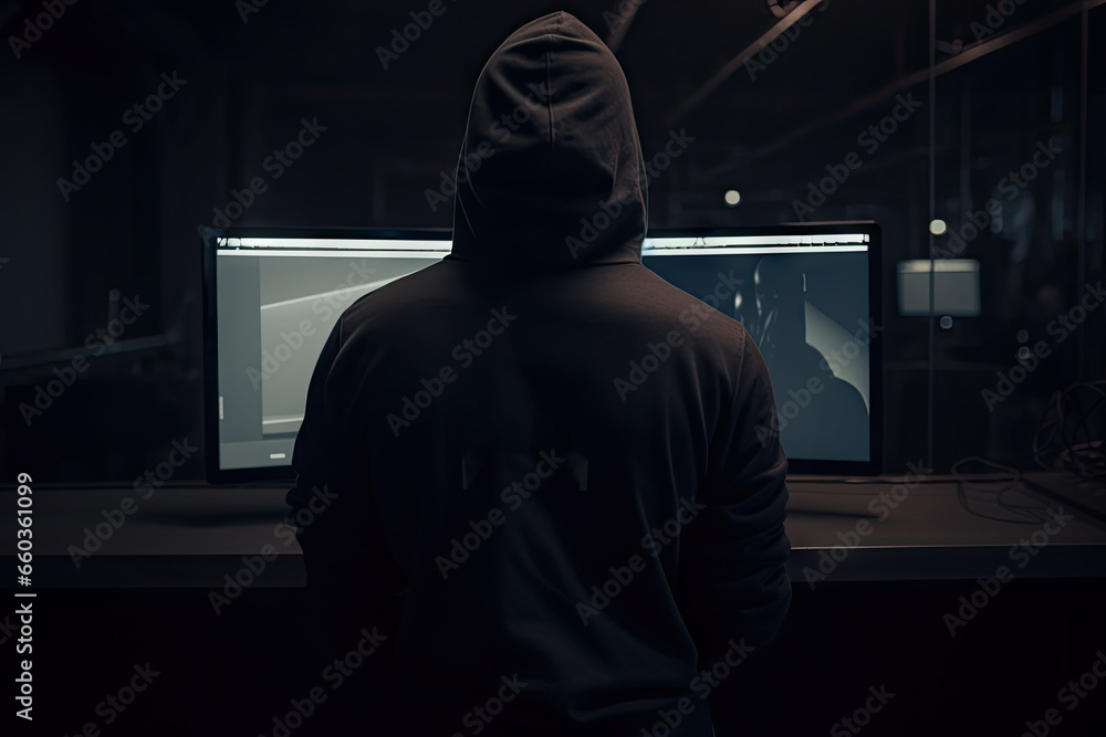 Poster digital shadows. unmasking hacker in hoodie. cyber intrusion. face behind screen. hooded hackers. un