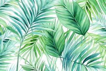 Wall mural tropical illustration with watercolor palm tree leaves. Generative AI
