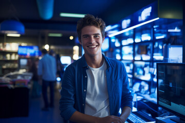 Smiling, young and attractive salesman, cashier serving customers in a consumer electrical store - obrazy, fototapety, plakaty