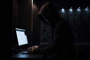 Digital shadows. Unmasking hacker in hoodie. Cyber intrusion. Face behind screen. Hooded hackers. Unveiling dark side of internet