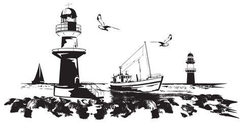 Warnemünde Leuchtturm Hafeneinfahrt mit Kutter und Segelboot - obrazy, fototapety, plakaty