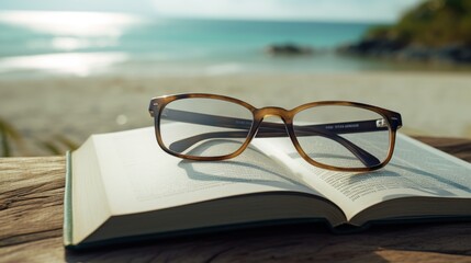 Glasses on a book on wooden table near the sea or ocean during senior coastal rest and vacation trip on warm sunny day 