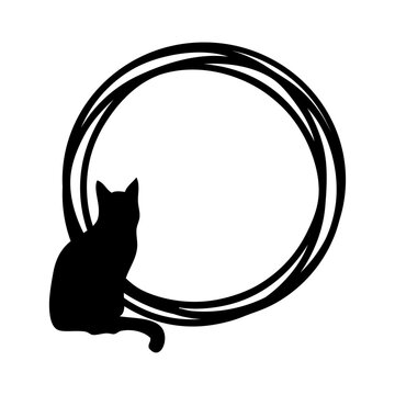 Logo con marco circular con líneas con silueta de gato negro sentado
