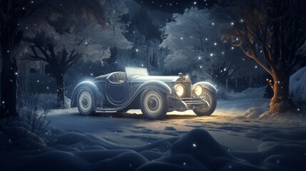 The car becomes a work of art as snowflakes gracefully fall upon it.  - obrazy, fototapety, plakaty