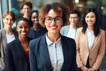 Fototapeta premium Smiling professional business leaders and employees group team portrait, Successful and good-looking Woman Team Leader Start-up CEO Lawyer Boss in an office with Staff