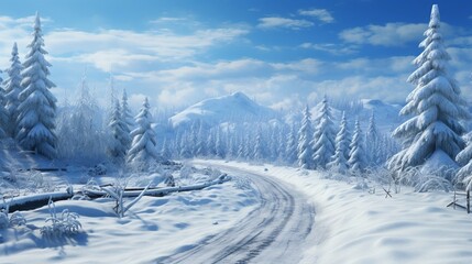 Fototapeta na wymiar The road glistens under the weight of freshly fallen snow, a pristine path awaiting travelers. 