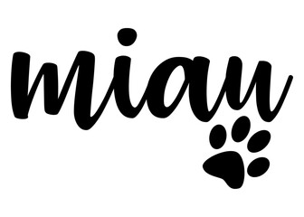 Logo pet friendly. Letras de la palabra miau en español en texto manuscrito con silueta de zarpa de gato © teracreonte