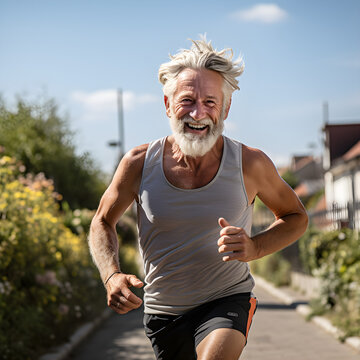 Senior man going for a run and living a healthy lifestyle for longevity. Generative AI