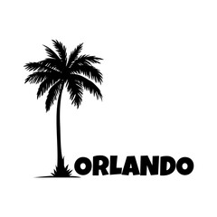 Logo vacaciones en Florida. Letras de la palabra Orlando en la arena de una playa con silueta de palmera