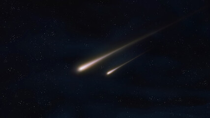 Bright bolides in the atmosphere. Falling stars in the night sky. Glowing meteor trails. Falling...