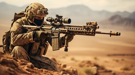 Military sniper in the desert. Sniper mercenary with a rifle aims at the enemy. Generative AI