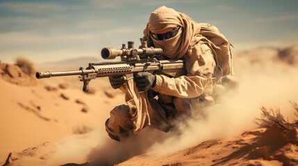 Military sniper in the desert. Sniper mercenary with a rifle aims at the enemy. Generative AI - obrazy, fototapety, plakaty