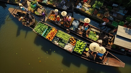 Obraz na płótnie Canvas Aerial view famous floating market. Farmer go to sell organic products, fruits, vegetables and Thai cuisine.