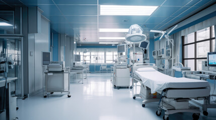 Empty operating room in a hospital Interior of an operating room in clinic with modern medical equipment - obrazy, fototapety, plakaty