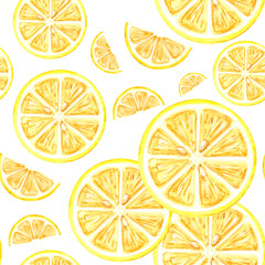 Seamless pattern with yellow lemons slices Creative summer citrus print. Watercolor decorative hand drawn illustration for design, textile, printing packaging, wrapping paper, background and covers.